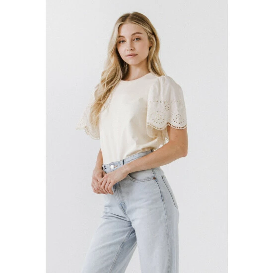 English Factory Eyelet Scallop T-shirt Tops Beige 1 English Factory Eyelet Scallop T-shirt Tops Beige