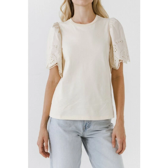 English Factory Eyelet Scallop T-shirt Tops Beige 4 English Factory Eyelet Scallop T-shirt Tops Beige - Image 4