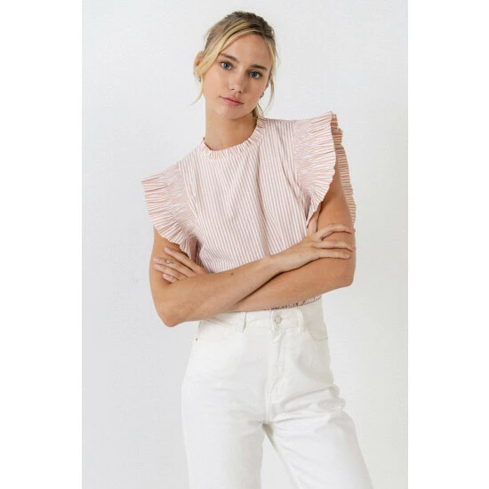 English Factory Striped Ruffled Top Tops Pink/white