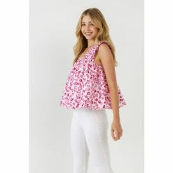 English Factory Floral Printed Ruffle Shoulder Tank Top Tops Pink Multi