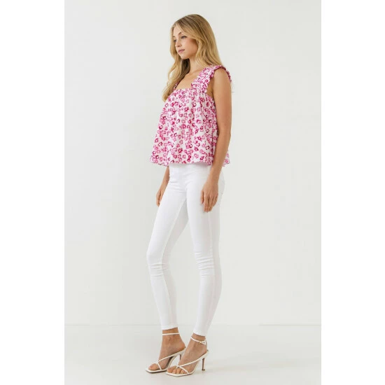 English Factory Floral Printed Ruffle Shoulder Tank Top Tops Pink Multi - Image 4