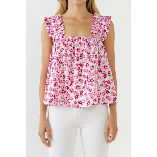 English Factory Floral Printed Ruffle Shoulder Tank Top Tops Pink Multi - Image 5