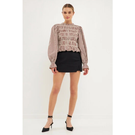 English Factory Striped Smocked Embroidered Blouse Tops Chocolate 1 English Factory Striped Smocked Embroidered Blouse Tops Chocolate