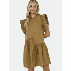 English Factory Mixed Media Ruffle Detail Dress Dresses Brown
