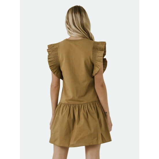 English Factory Mixed Media Ruffle Detail Dress Dresses Brown - Image 3
