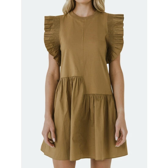 English Factory Mixed Media Ruffle Detail Dress Dresses Brown - Image 4