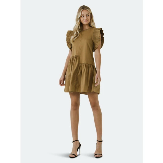 English Factory Mixed Media Ruffle Detail Dress Dresses Brown - Image 5