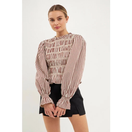English Factory Striped Smocked Embroidered Blouse Tops Chocolate 4 English Factory Striped Smocked Embroidered Blouse Tops Chocolate - Image 4