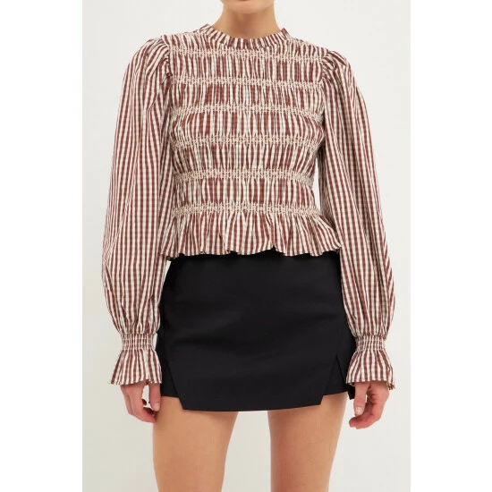 English Factory Striped Smocked Embroidered Blouse Tops Chocolate 5 English Factory Striped Smocked Embroidered Blouse Tops Chocolate - Image 5