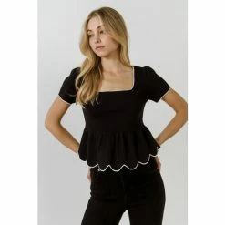 English Factory Scallop Edge Square Neckline Sweater Sweatshirts & Sweaters Black