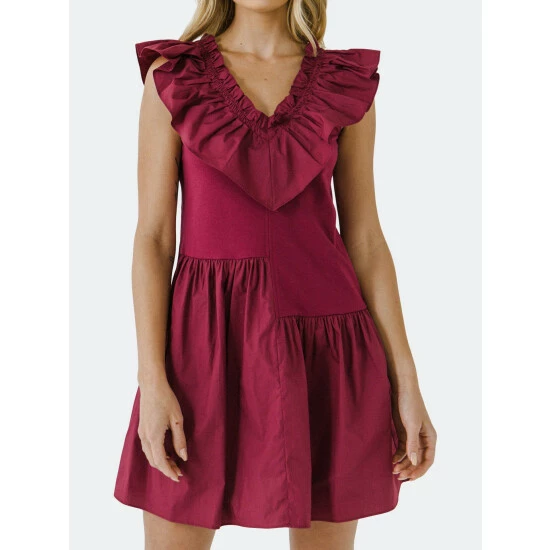 English Factory Mixed Media Ruffle Detail Dress Dresses Plum - Image 5
