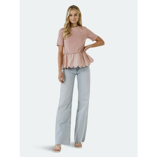 English Factory Mixed Media Scallop Detail T-shirt Tops Black - Image 2