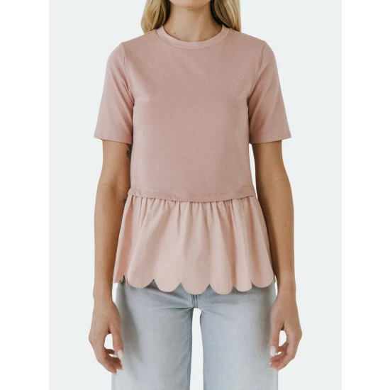 English Factory Mixed Media Scallop Detail T-shirt Tops Black - Image 5