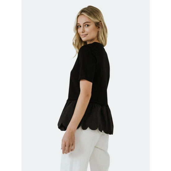 English Factory Mixed Media Scallop Detail T-shirt Tops Black - Image 7