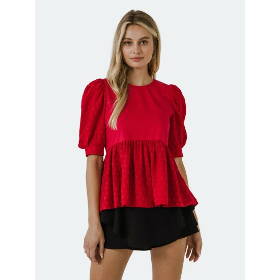 English Factory Mixed Media Swiss Dot High Low Top Tops Red