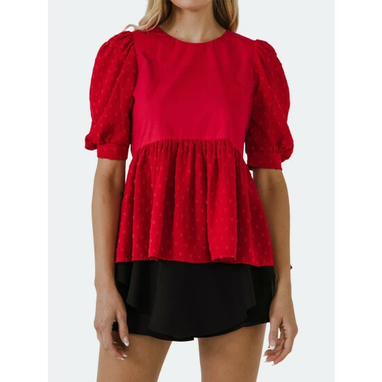 English Factory Mixed Media Swiss Dot High Low Top Tops Red - Image 5