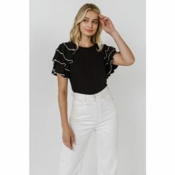 English Factory Contrast Edge Ruffled Sleeve Knit Top Tops White