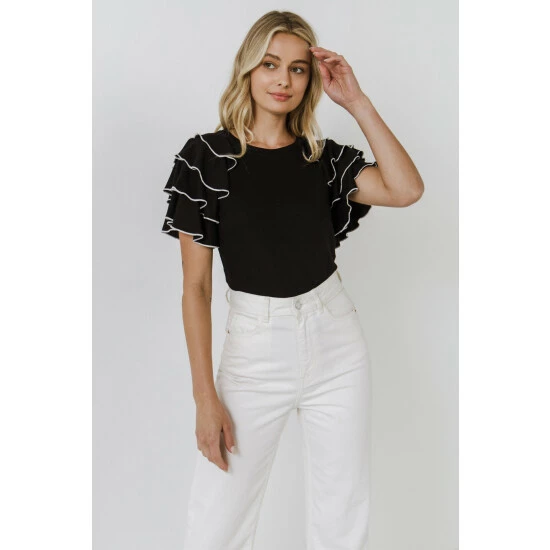 English Factory Contrast Edge Ruffled Sleeve Knit Top Tops White