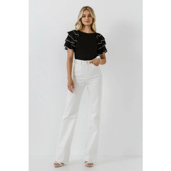 English Factory Contrast Edge Ruffled Sleeve Knit Top Tops White - Image 2