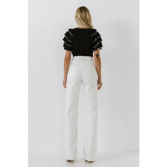 English Factory Contrast Edge Ruffled Sleeve Knit Top Tops White - Image 4