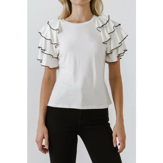 English Factory Contrast Edge Ruffled Sleeve Knit Top Tops White - Image 5