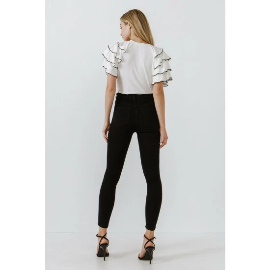 English Factory Contrast Edge Ruffled Sleeve Knit Top Tops White - Image 6