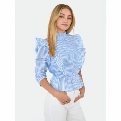 English Factory Gingham Check & Stripe Mixed Blouse Tops Powder Blue