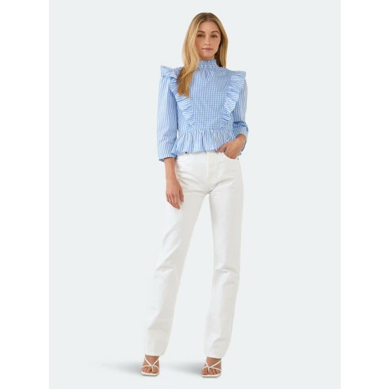 English Factory Gingham Check & Stripe Mixed Blouse Tops Powder Blue 2 English Factory Gingham Check & Stripe Mixed Blouse Tops Powder Blue - Image 2