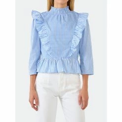 English Factory Gingham Check & Stripe Mixed Blouse Tops Powder Blue 9 English Factory Gingham Check & Stripe Mixed Blouse Tops Powder Blue -English Factory Shop unnamed file 2429