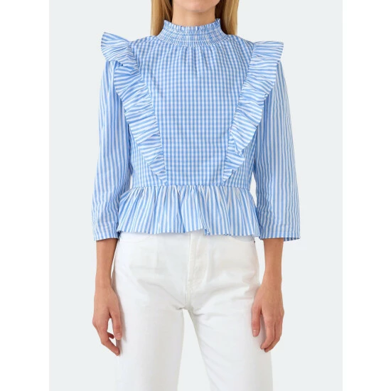 English Factory Gingham Check & Stripe Mixed Blouse Tops Powder Blue 5 English Factory Gingham Check & Stripe Mixed Blouse Tops Powder Blue - Image 5