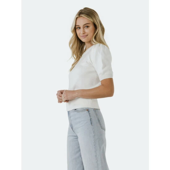 English Factory Short Puff Sleeve Knit Top Tops Cream