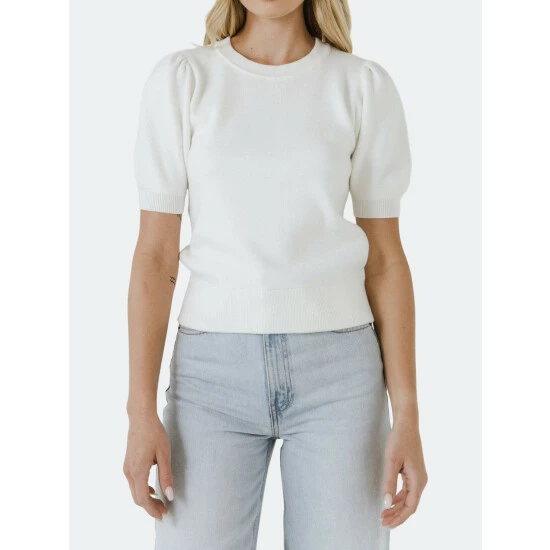 English Factory Short Puff Sleeve Knit Top Tops Cream - Image 3