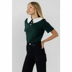 English Factory Collared Shirt With Jewel Button Tops Green/ White