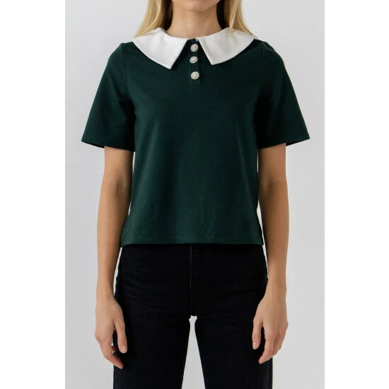 English Factory Collared Shirt With Jewel Button Tops Green/ White - Image 5