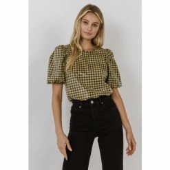 English Factory Sequins Gingham Top Tops Yellow/navy