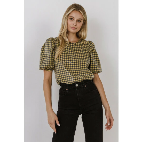 English Factory Sequins Gingham Top Tops Yellow/navy
