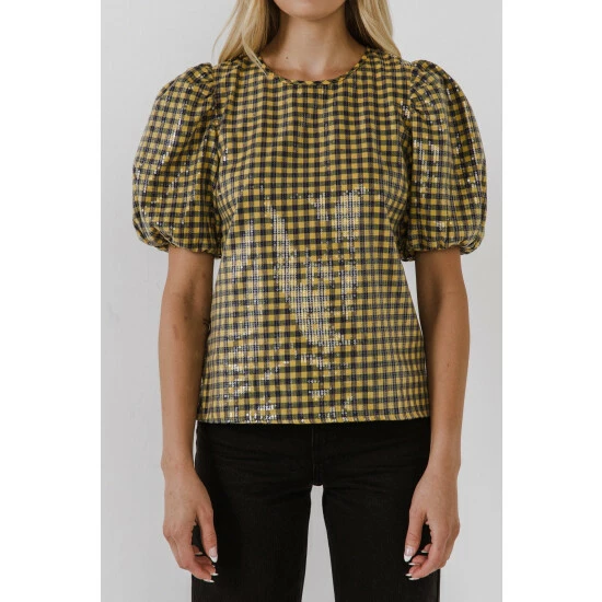 English Factory Sequins Gingham Top Tops Yellow/navy - Image 2