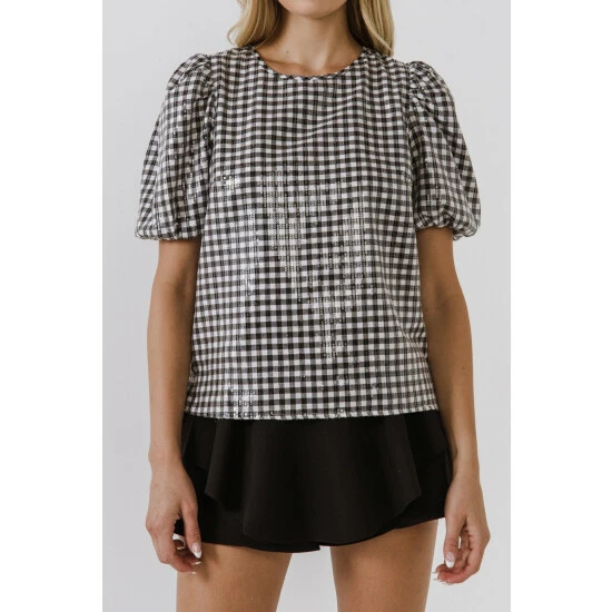 English Factory Sequins Gingham Top Tops Yellow/navy - Image 5