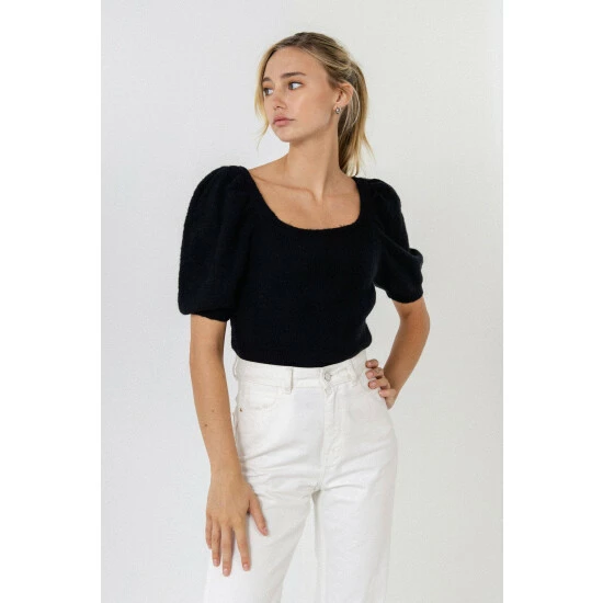 English Factory Short Puff Sleeve Sweater Sweatshirts & Sweaters Black - Image 7