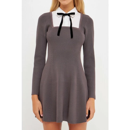 English Factory Mixed Media Cable Knit Sweater Dress Dresses Grey - Image 5