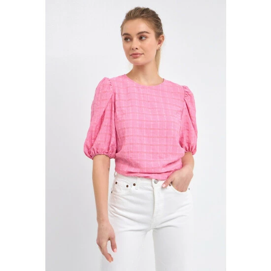 English Factory Plaid Top With Short Sleeves Tops White
