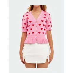 English Factory Heart Cardigan With Short Puff Sleeve Tops Pink/red