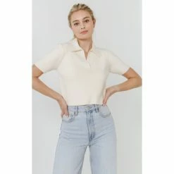 English Factory Polo Collar Crop Knit Sweater Sweatshirts & Sweaters Ivory