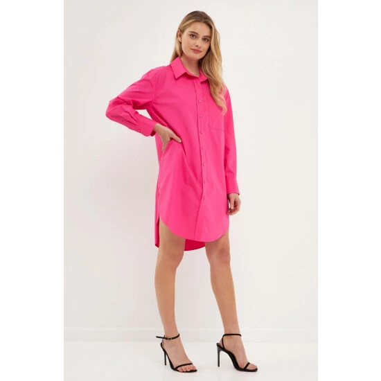 English Factory Classic Collared Dress Shirt Dresses Fuchsia - Image 3