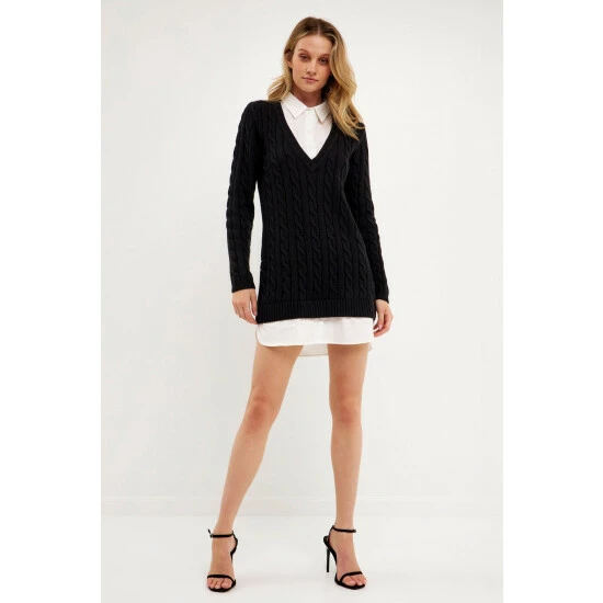English Factory Mixed Media Cable Knit Sweater Dress Dresses Grey - Image 6