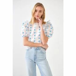 English Factory Embroidery Organza Top Tops Blue Multi
