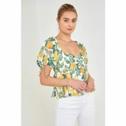 English Factory Lemon Print Puff Sleeve Top Tops Yellow Multi