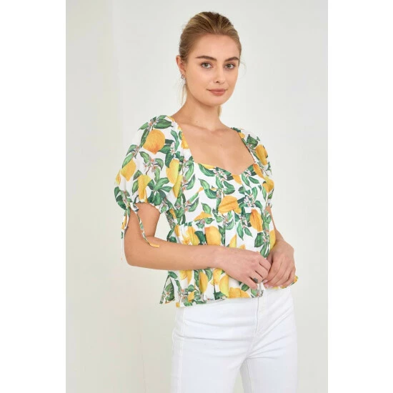English Factory Lemon Print Puff Sleeve Top Tops Yellow Multi