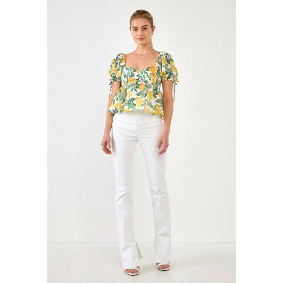 English Factory Lemon Print Puff Sleeve Top Tops Yellow Multi - Image 2
