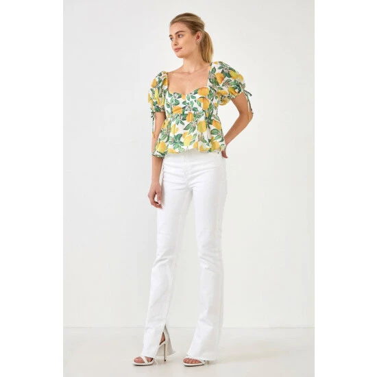 English Factory Lemon Print Puff Sleeve Top Tops Yellow Multi - Image 3